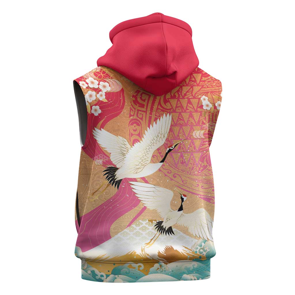 Hawaiian and Japanese Culture Together Sleeveless Zip Hoodie Kakau Art Tattoo with Cranes and Sakura Spring Vibe LT03 - Polynesian Pride