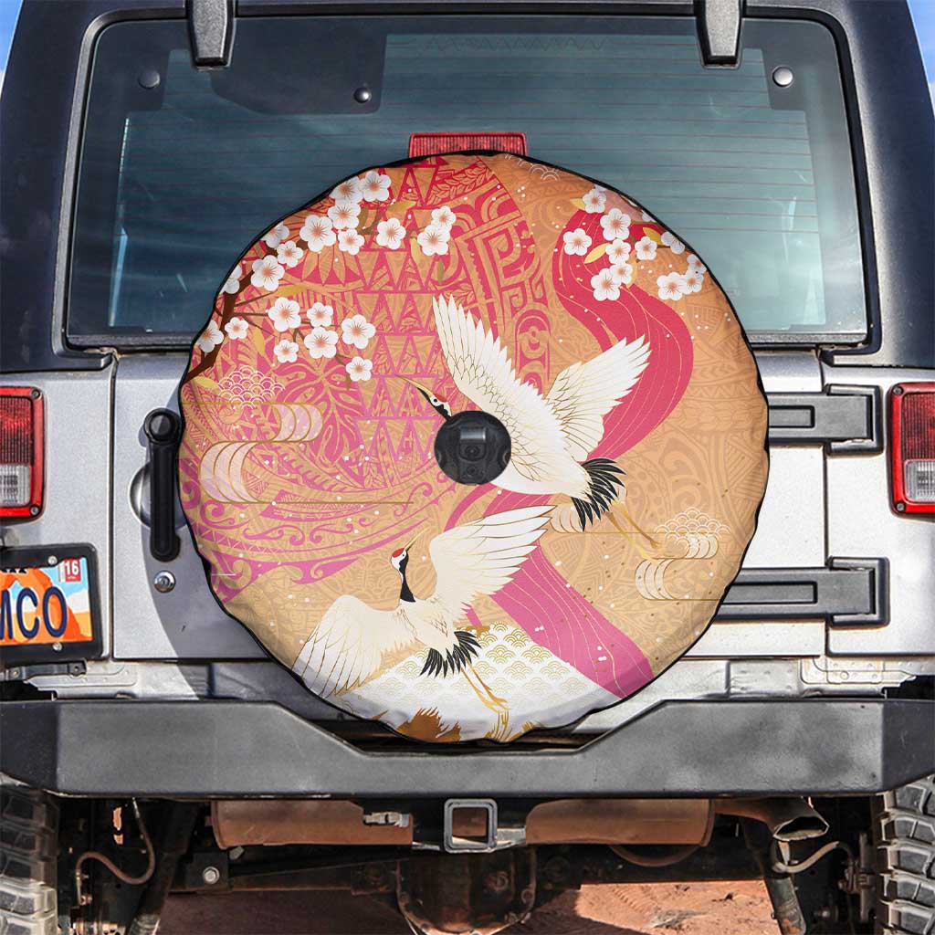 Hawaiian and Japanese Culture Together Spare Tire Cover Kakau Art Tattoo with Cranes and Sakura Spring Vibe LT03 Multicolor - Polynesian Pride
