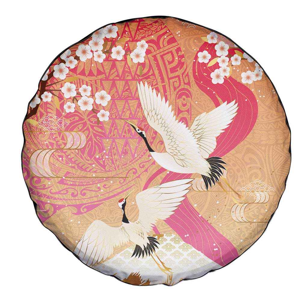 Hawaiian and Japanese Culture Together Spare Tire Cover Kakau Art Tattoo with Cranes and Sakura Spring Vibe LT03 - Polynesian Pride