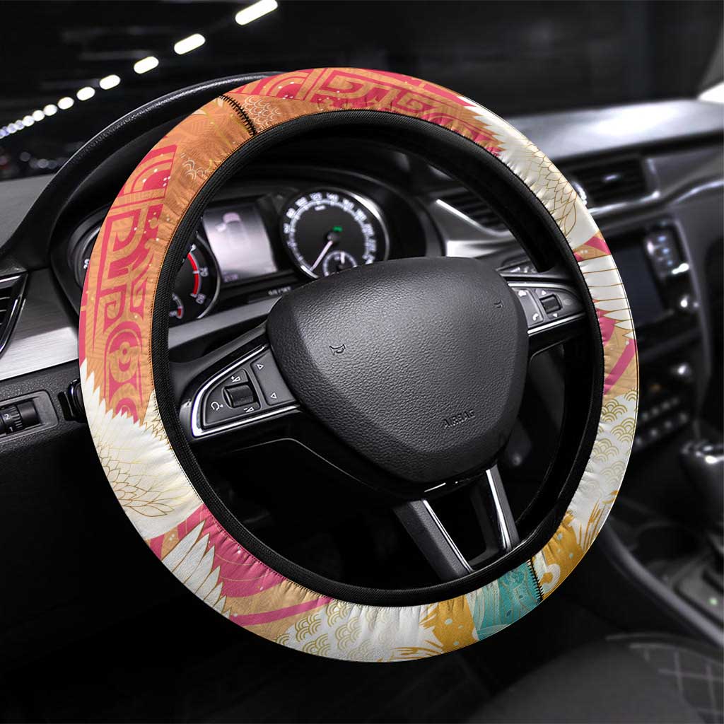 Hawaiian and Japanese Culture Together Steering Wheel Cover Kakau Art Tattoo with Cranes and Sakura Spring Vibe LT03 Universal Fit Multicolor - Polynesian Pride