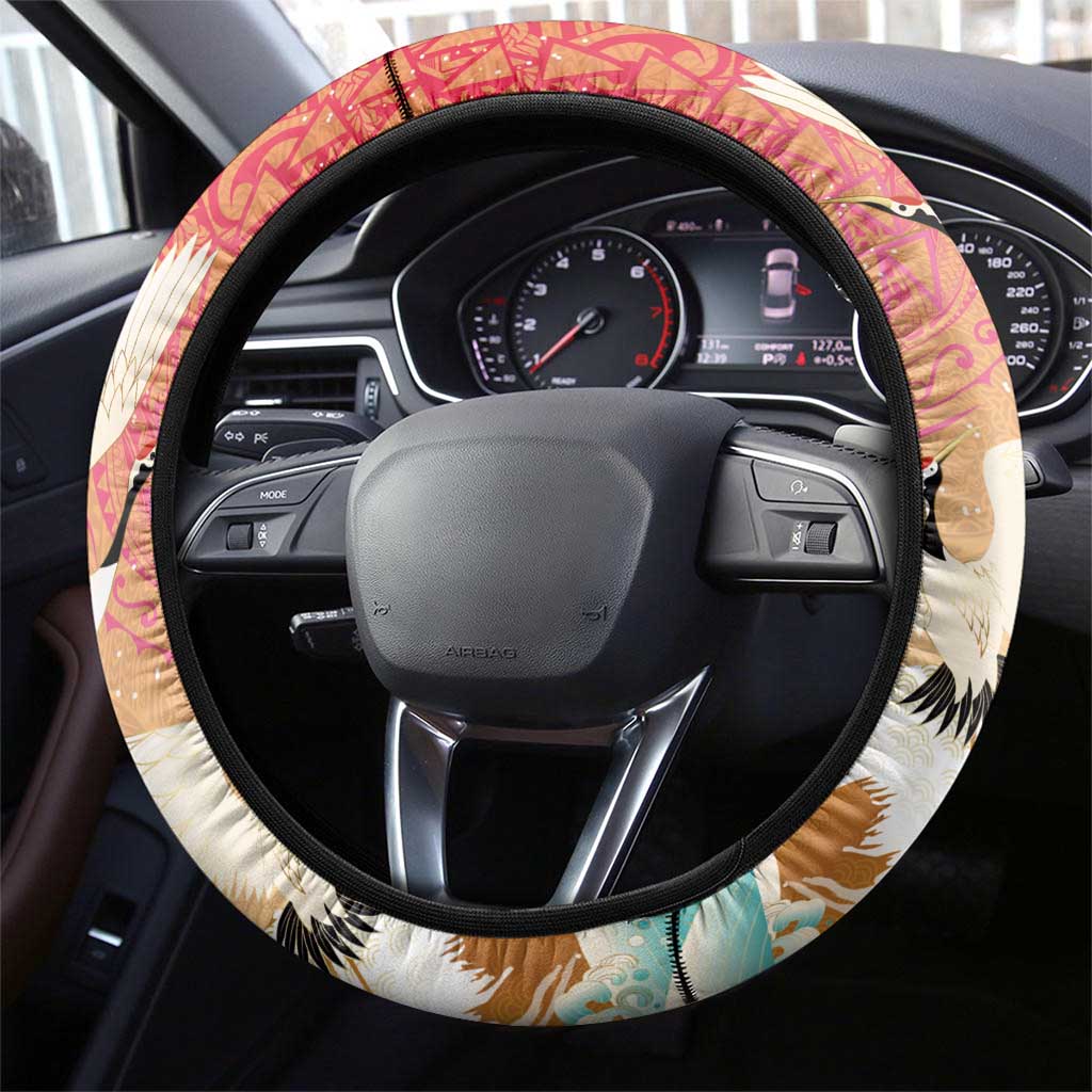 Hawaiian and Japanese Culture Together Steering Wheel Cover Kakau Art Tattoo with Cranes and Sakura Spring Vibe LT03 - Polynesian Pride