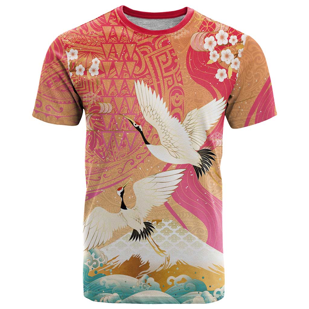 Hawaiian and Japanese Culture Together T Shirt Kakau Art Tattoo with Cranes and Sakura Spring Vibe LT03 Multicolor - Polynesian Pride
