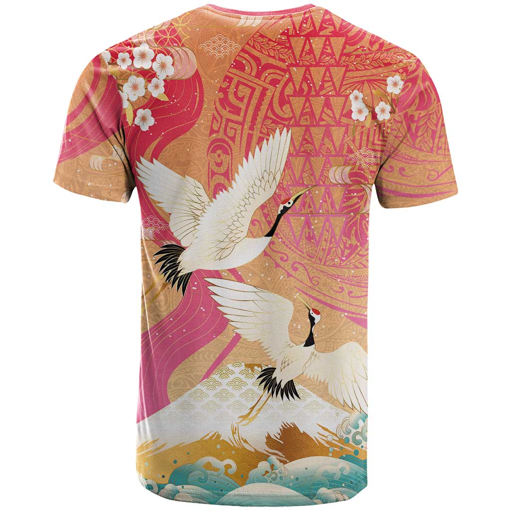 Hawaiian and Japanese Culture Together T Shirt Kakau Art Tattoo with Cranes and Sakura Spring Vibe LT03 - Polynesian Pride
