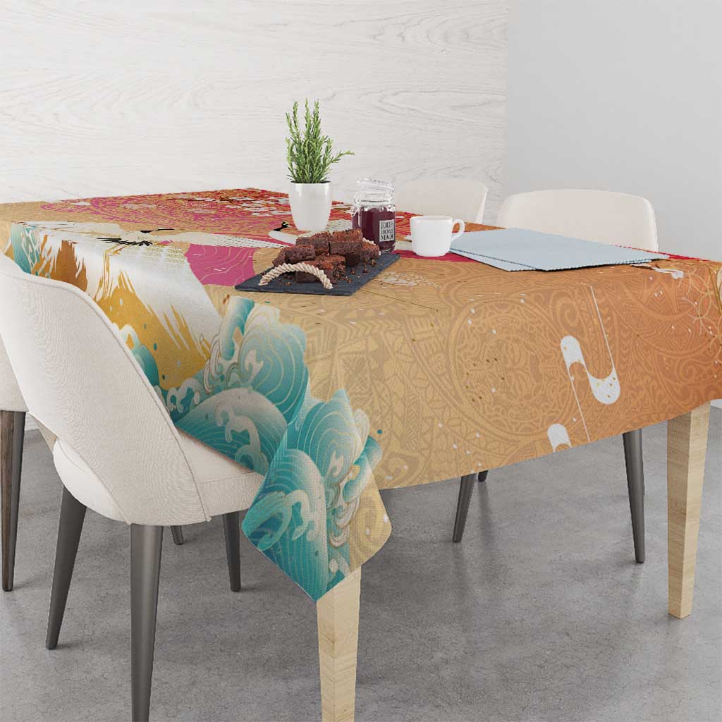 Hawaiian and Japanese Culture Together Tablecloth Kakau Art Tattoo with Cranes and Sakura Spring Vibe - Polynesian Pride