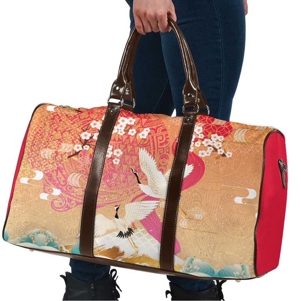 Hawaiian and Japanese Culture Together Travel Bag Kakau Art Tattoo with Cranes and Sakura Spring Vibe LT03 - Polynesian Pride