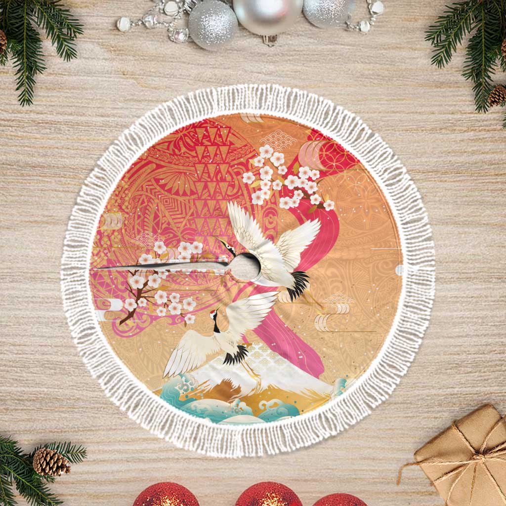 Hawaiian and Japanese Culture Together Tree Skirt Kakau Art Tattoo with Cranes and Sakura Spring Vibe LT03 Fringed Multicolor - Polynesian Pride
