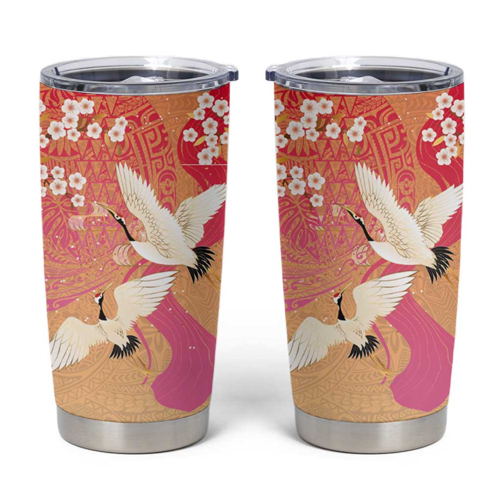 Hawaiian and Japanese Culture Together Tumbler Cup Kakau Art Tattoo with Cranes and Sakura Spring Vibe LT03 Multicolor - Polynesian Pride