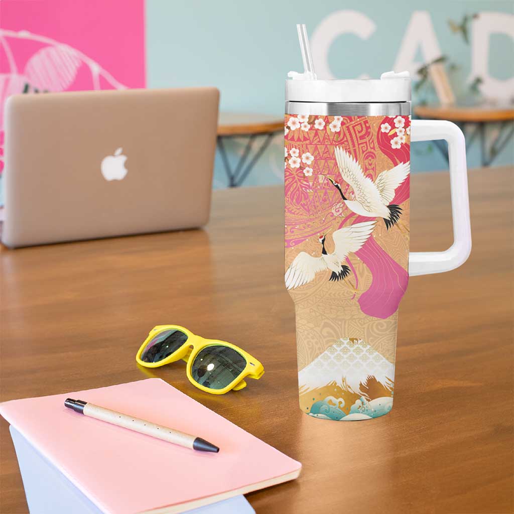 Hawaiian and Japanese Culture Together Tumbler With Handle Kakau Art Tattoo with Cranes and Sakura Spring Vibe LT03 - Polynesian Pride