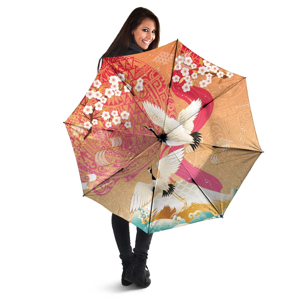Hawaiian and Japanese Culture Together Umbrella Kakau Art Tattoo with Cranes and Sakura Spring Vibe - Polynesian Pride