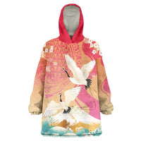 Hawaiian and Japanese Culture Together Wearable Blanket Hoodie Kakau Art Tattoo with Cranes and Sakura Spring Vibe LT03 One Size Multicolor - Polynesian Pride
