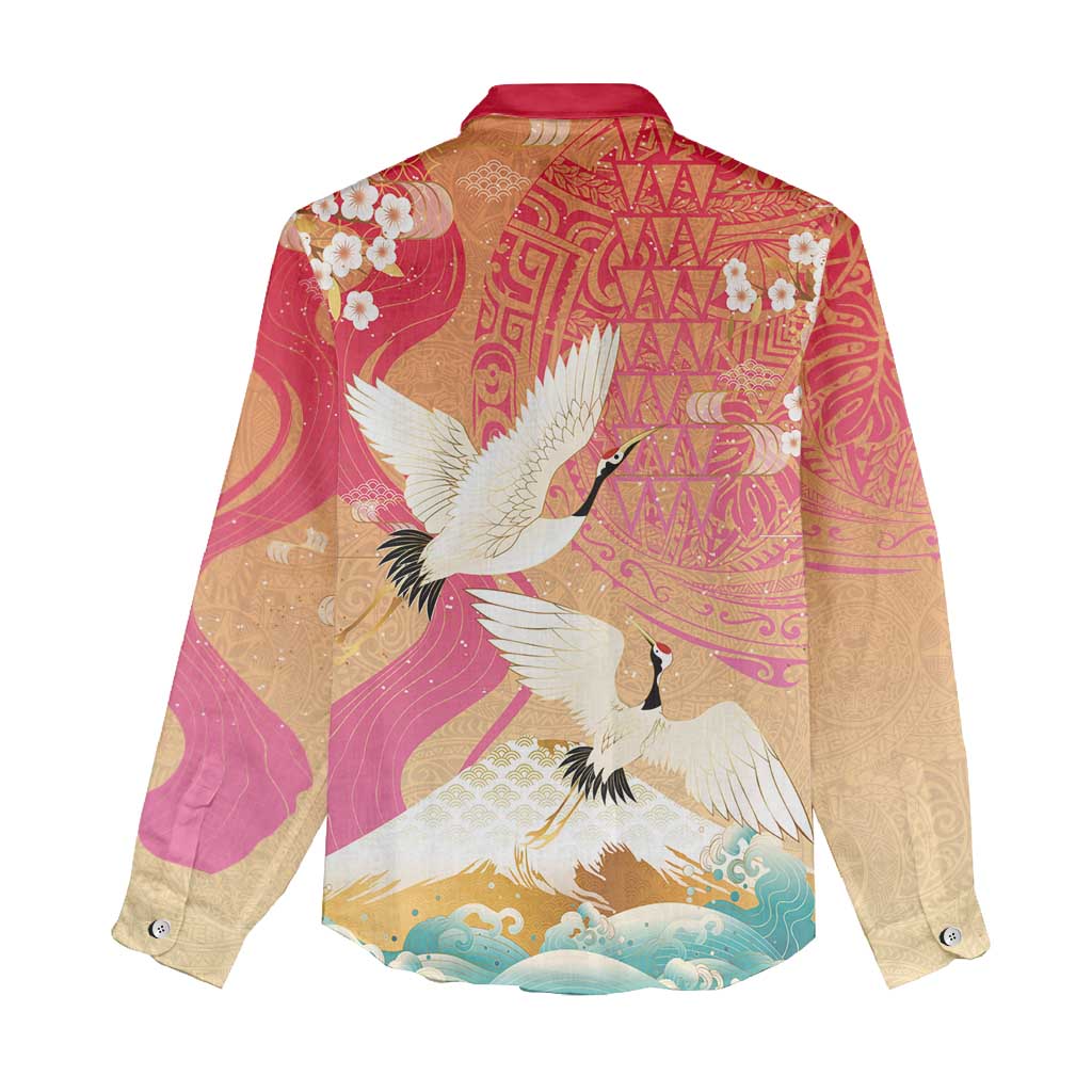 Hawaiian and Japanese Culture Together Women Casual Shirt Kakau Art Tattoo with Cranes and Sakura Spring Vibe LT03 - Polynesian Pride