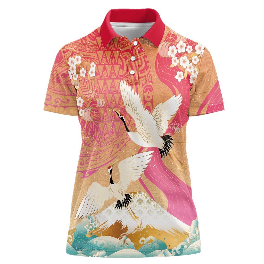 Hawaiian and Japanese Culture Together Women Polo Shirt Kakau Art Tattoo with Cranes and Sakura Spring Vibe LT03 Female Multicolor - Polynesian Pride