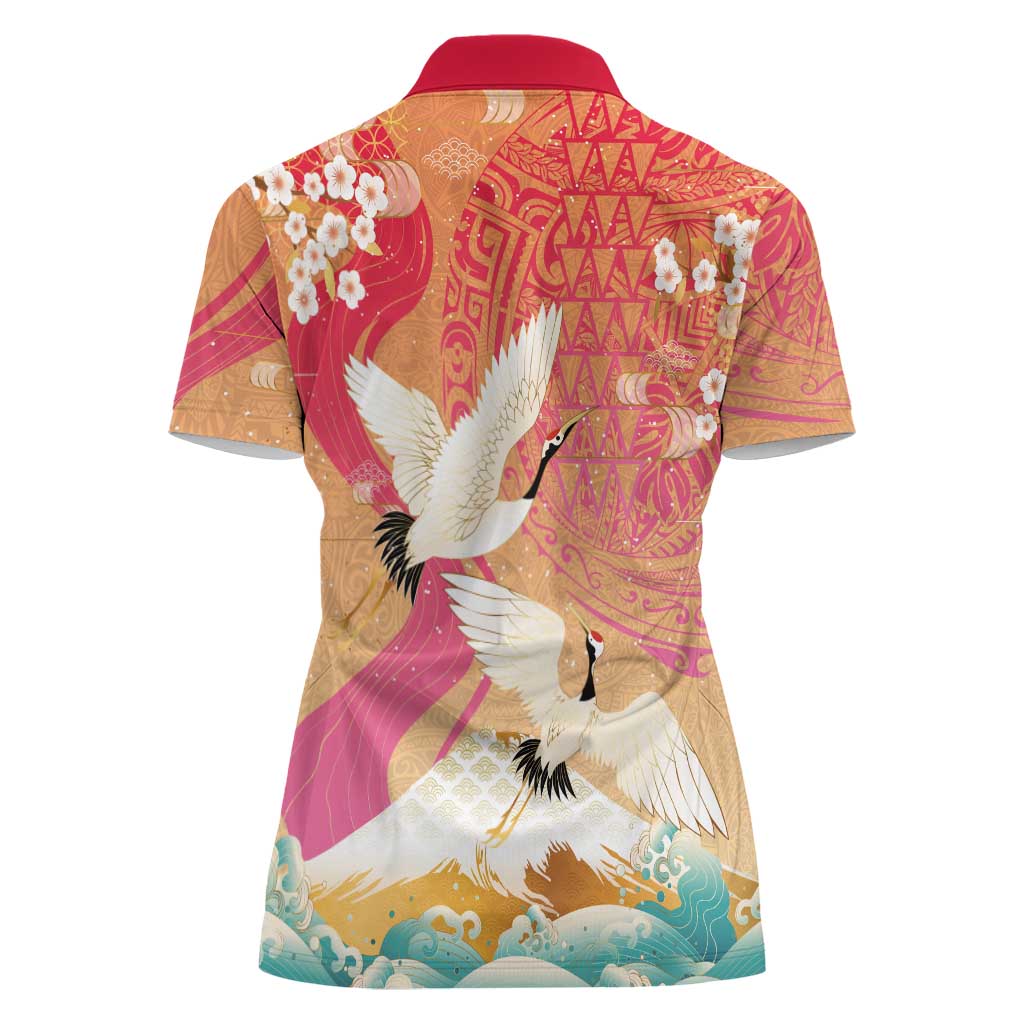 Hawaiian and Japanese Culture Together Women Polo Shirt Kakau Art Tattoo with Cranes and Sakura Spring Vibe LT03 - Polynesian Pride