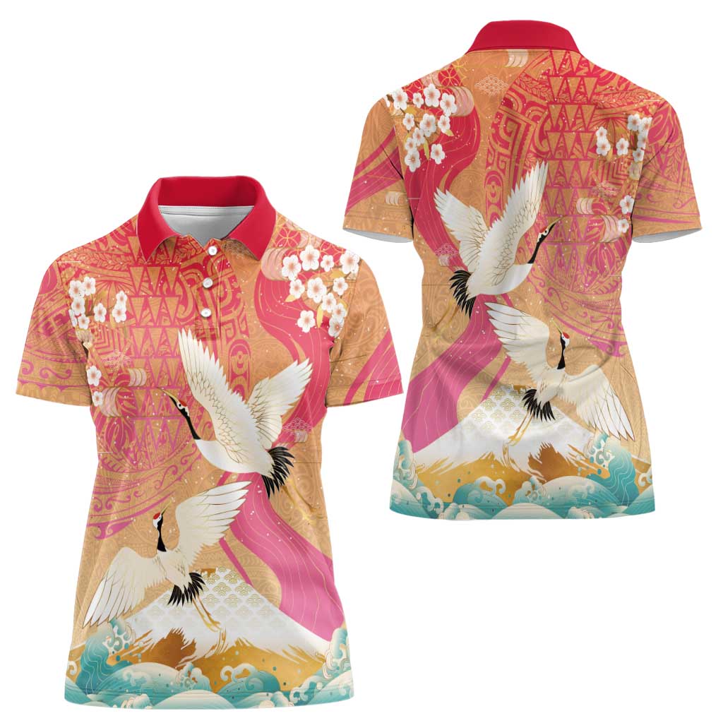 Hawaiian and Japanese Culture Together Women Polo Shirt Kakau Art Tattoo with Cranes and Sakura Spring Vibe LT03 - Polynesian Pride