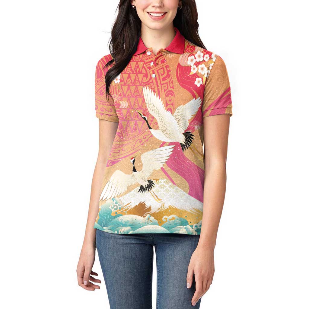 Hawaiian and Japanese Culture Together Women Polo Shirt Kakau Art Tattoo with Cranes and Sakura Spring Vibe LT03 - Polynesian Pride