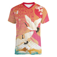 Hawaiian and Japanese Culture Together Women V-Neck T-Shirt Kakau Art Tattoo with Cranes and Sakura Spring Vibe LT03 Female Multicolor - Polynesian Pride