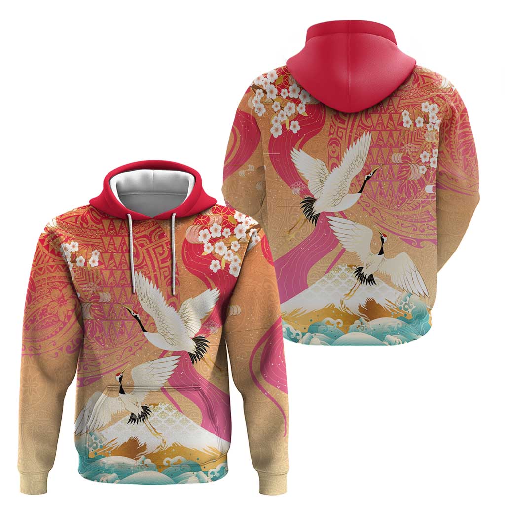 Hawaiian and Japanese Culture Together Zip Hoodie Kakau Art Tattoo with Cranes and Sakura Spring Vibe LT03 - Polynesian Pride