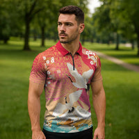 Hawaiian and Japanese Culture Together Zipper Polo Shirt Kakau Art Tattoo with Cranes and Sakura Spring Vibe - Polynesian Pride