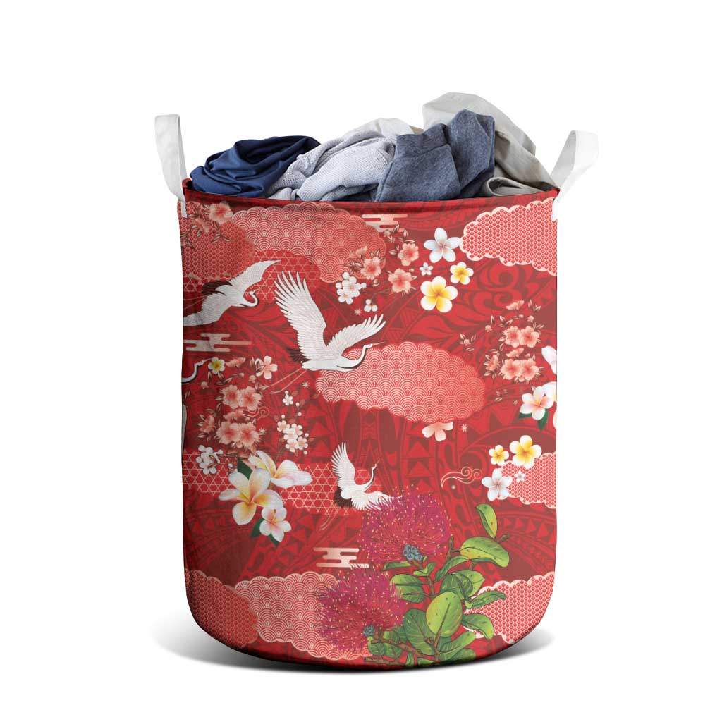 Hawaiian and Japanese Culture Together Laundry Basket Red Ohia Lehua Plumeria and Sakura Blooming LT03 - Polynesian Pride