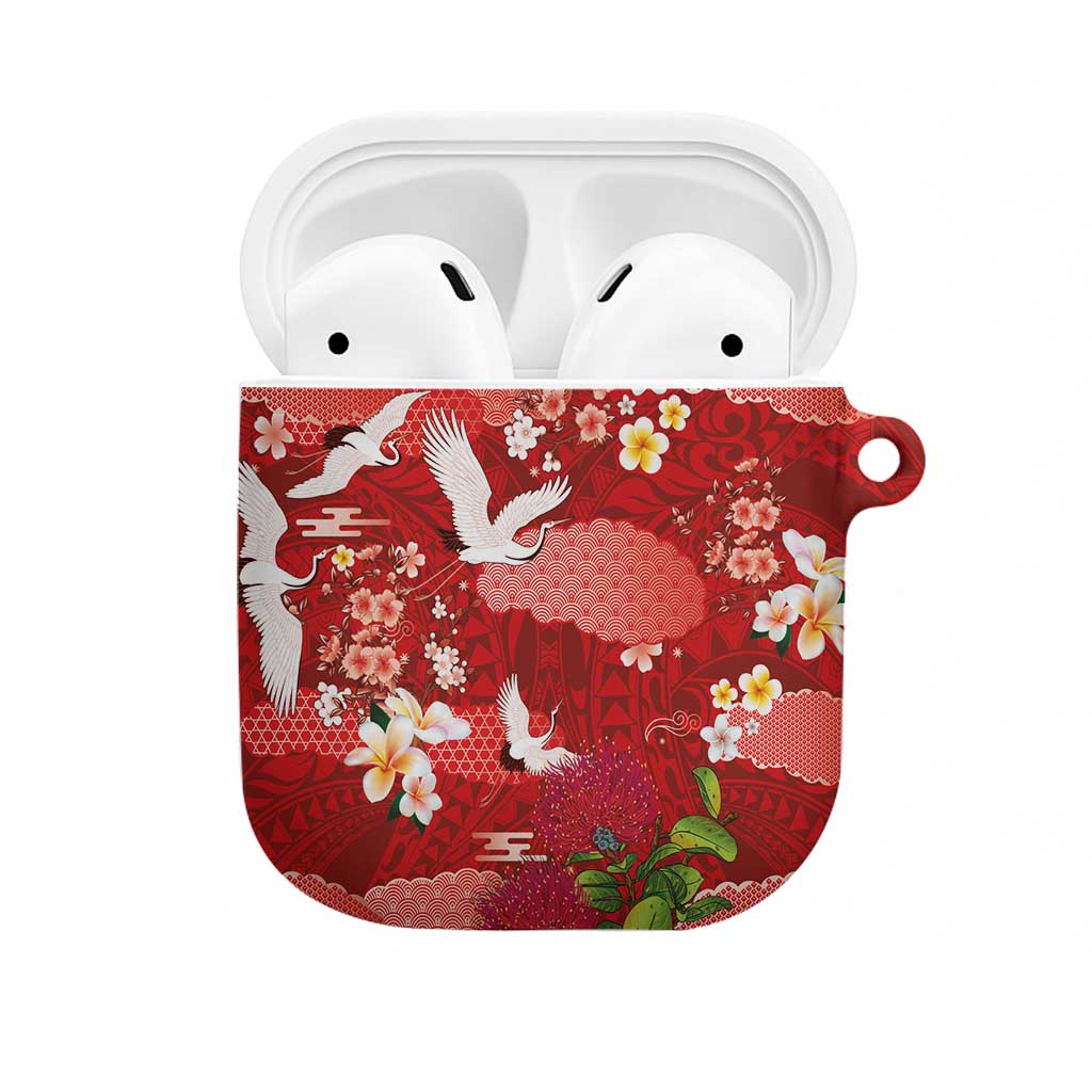 Hawaiian and Japanese Culture Together AirPods Case Red Ohia Lehua Plumeria and Sakura Blooming - Polynesian Pride