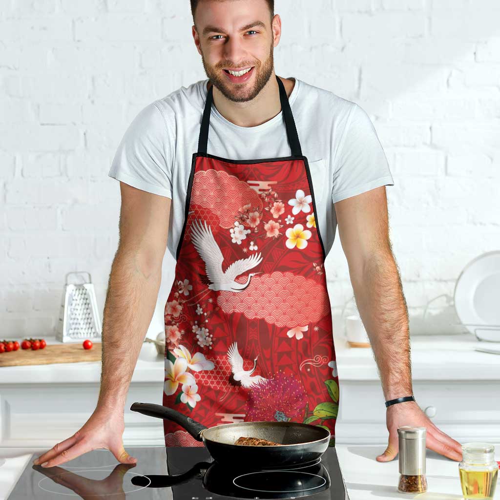 Hawaiian and Japanese Culture Together Apron Red Ohia Lehua Plumeria and Sakura Blooming - Polynesian Pride