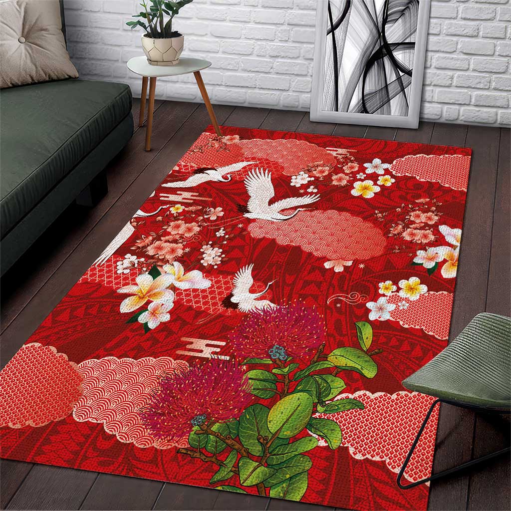 Hawaiian and Japanese Culture Together Area Rug Red Ohia Lehua Plumeria and Sakura Blooming LT03 Red - Polynesian Pride