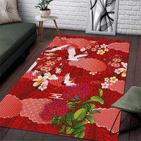 Hawaiian and Japanese Culture Together Area Rug Red Ohia Lehua Plumeria and Sakura Blooming LT03 Red - Polynesian Pride