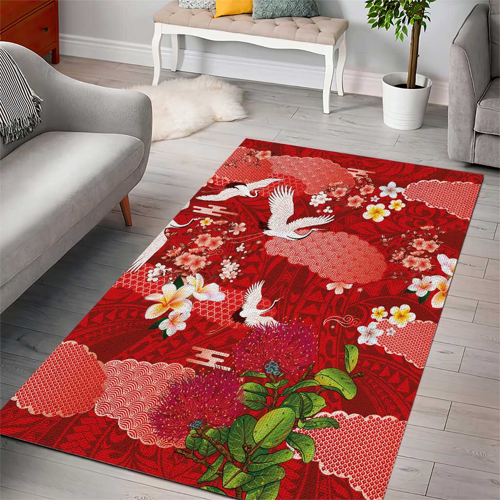 Hawaiian and Japanese Culture Together Area Rug Red Ohia Lehua Plumeria and Sakura Blooming LT03 - Polynesian Pride