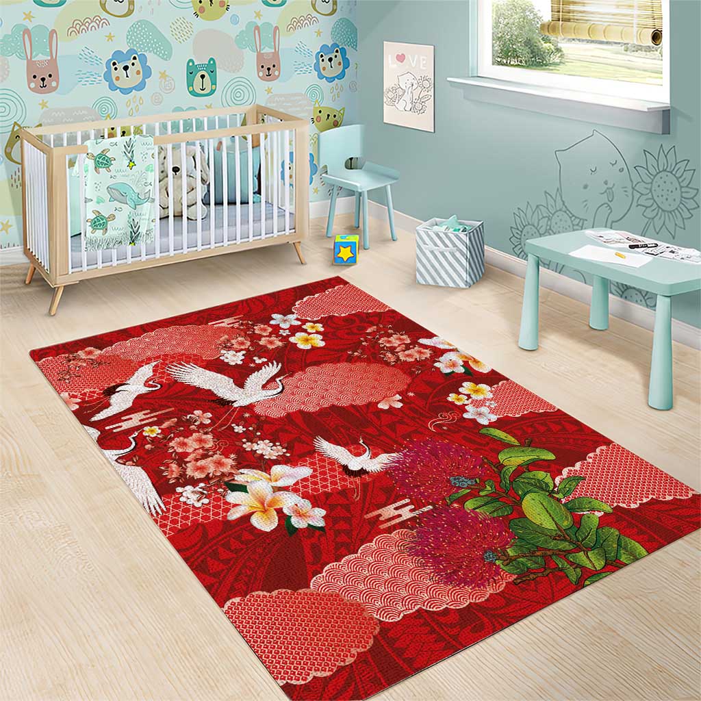 Hawaiian and Japanese Culture Together Area Rug Red Ohia Lehua Plumeria and Sakura Blooming LT03 - Polynesian Pride