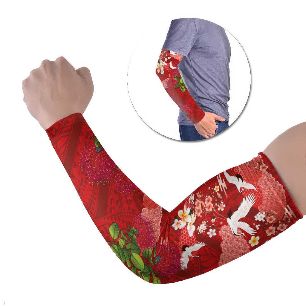 Hawaiian and Japanese Culture Together Arm Sleeves Red Ohia Lehua Plumeria and Sakura Blooming LT03 Set of 2 Red - Polynesian Pride