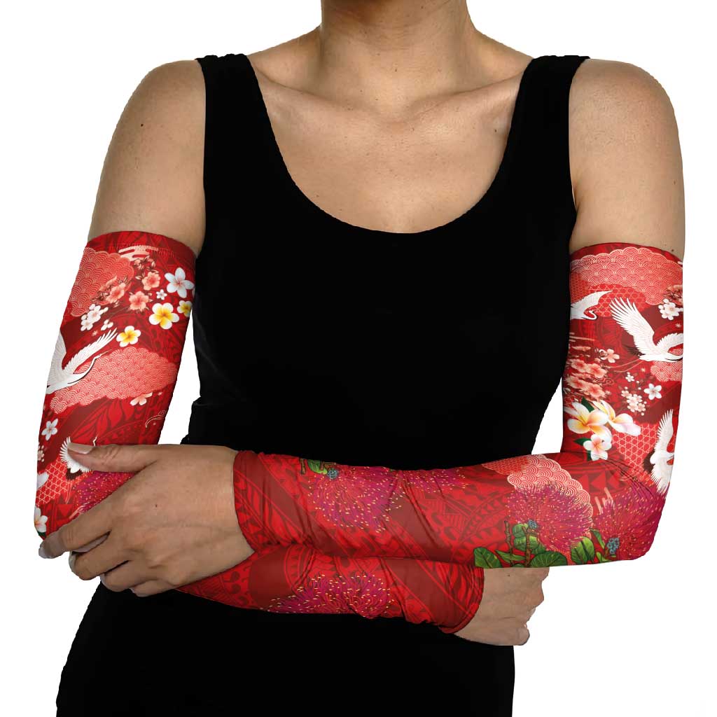 Hawaiian and Japanese Culture Together Arm Sleeves Red Ohia Lehua Plumeria and Sakura Blooming LT03 - Polynesian Pride