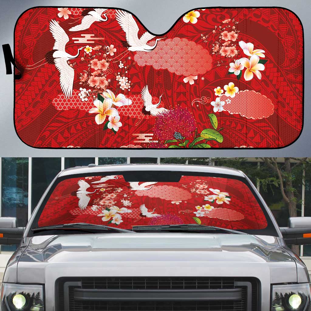 Hawaiian and Japanese Culture Together Auto Sun Shade Red Ohia Lehua Plumeria and Sakura Blooming LT03 Red - Polynesian Pride