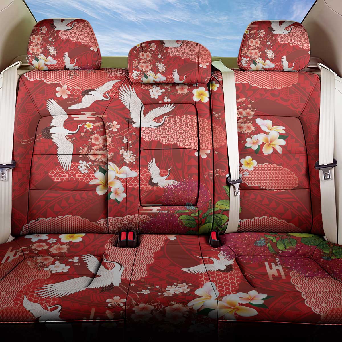 Hawaiian and Japanese Culture Together Back Car Seat Cover Red Ohia Lehua Plumeria and Sakura Blooming LT03 One Size Red - Polynesian Pride