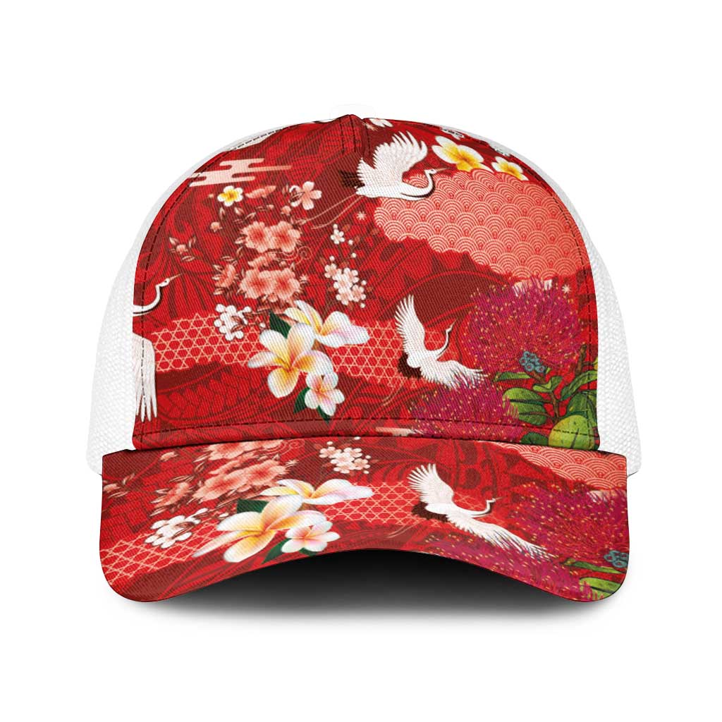 Hawaiian and Japanese Culture Together Baseball Net Cap Red Ohia Lehua Plumeria and Sakura Blooming - Polynesian Pride