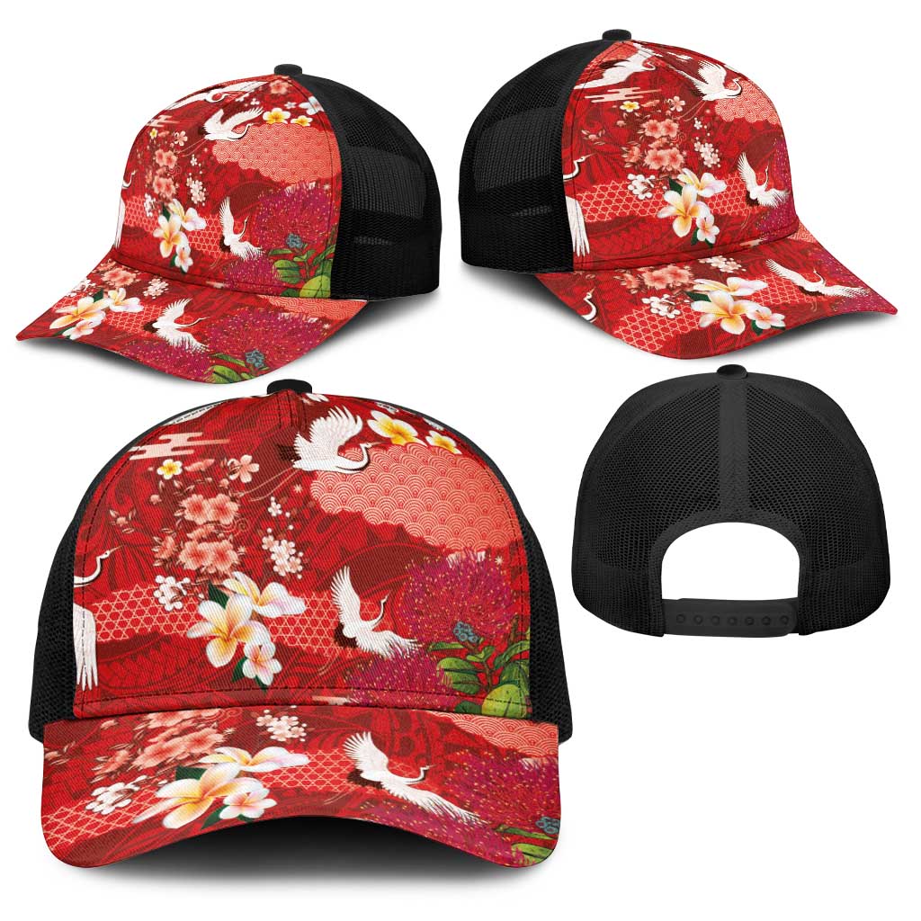 Hawaiian and Japanese Culture Together Baseball Net Cap Red Ohia Lehua Plumeria and Sakura Blooming - Polynesian Pride