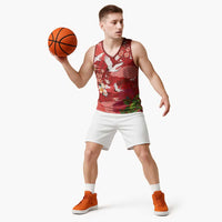 Hawaiian and Japanese Culture Together Basketball Jersey Red Ohia Lehua Plumeria and Sakura Blooming LT03 - Polynesian Pride