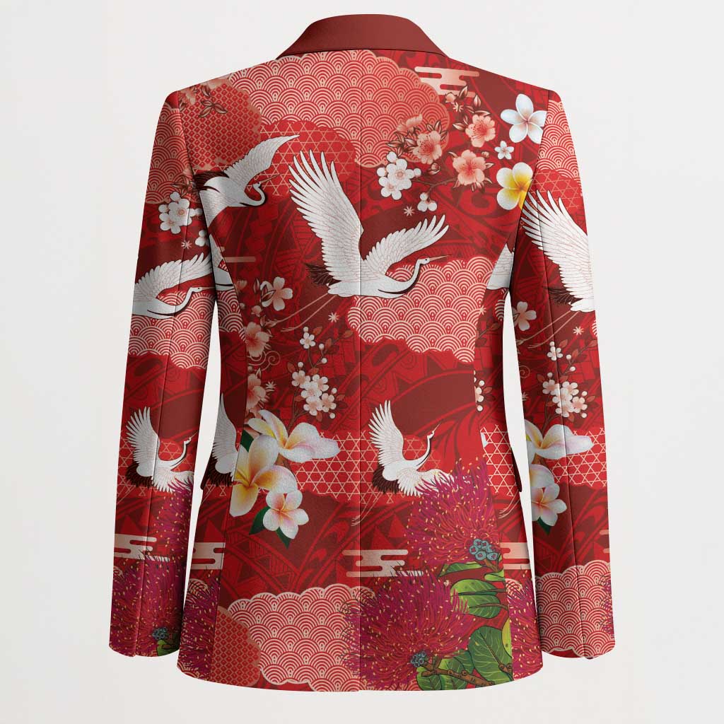 Hawaiian and Japanese Culture Together Blazer Red Ohia Lehua Plumeria and Sakura Blooming - Polynesian Pride