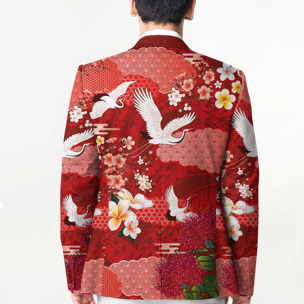 Hawaiian and Japanese Culture Together Blazer Red Ohia Lehua Plumeria and Sakura Blooming - Polynesian Pride