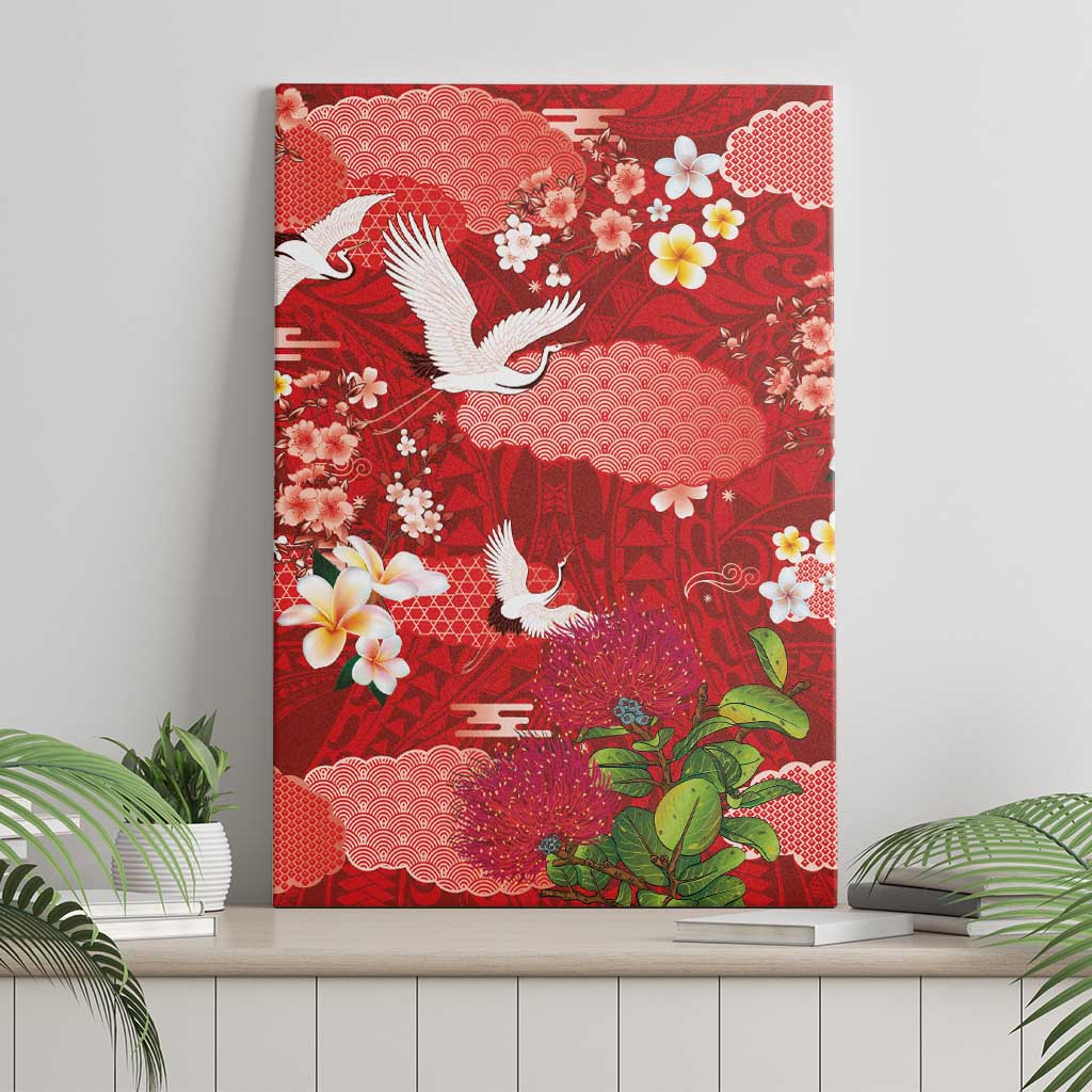 Hawaiian and Japanese Culture Together Canvas Wall Art Red Ohia Lehua Plumeria and Sakura Blooming LT03 - Polynesian Pride