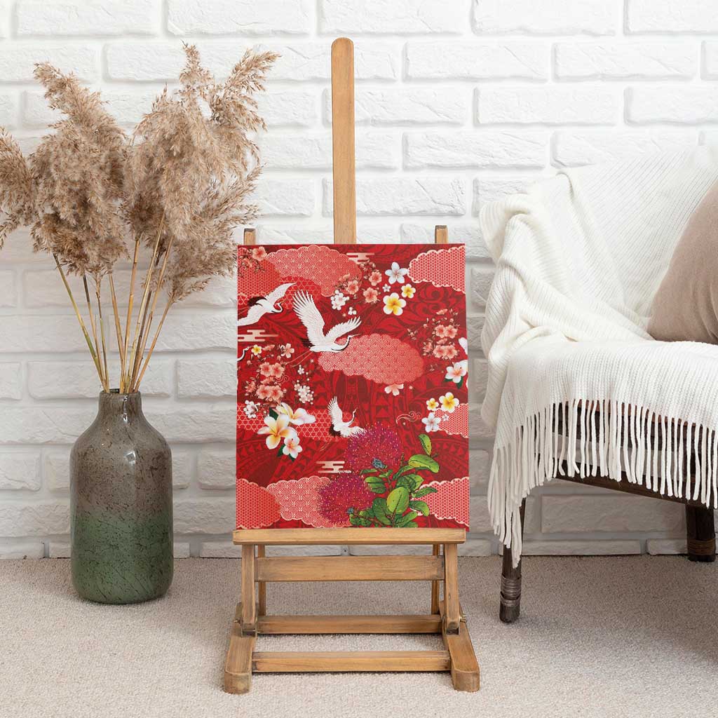 Hawaiian and Japanese Culture Together Canvas Wall Art Red Ohia Lehua Plumeria and Sakura Blooming LT03 - Polynesian Pride