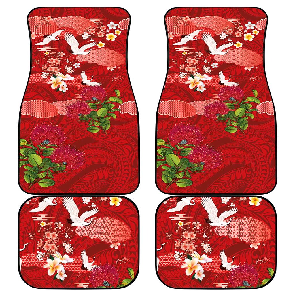 Hawaiian and Japanese Culture Together Car Mats Red Ohia Lehua Plumeria and Sakura Blooming LT03 - Polynesian Pride