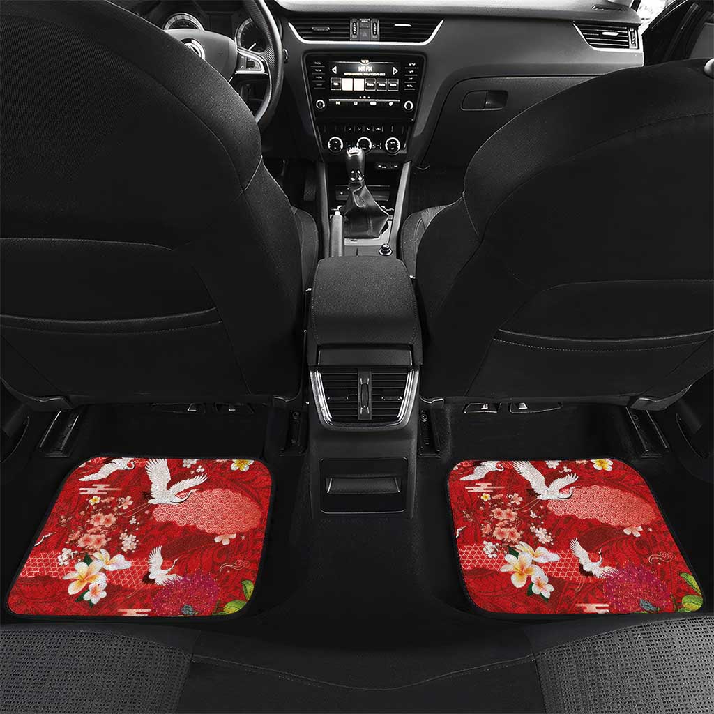 Hawaiian and Japanese Culture Together Car Mats Red Ohia Lehua Plumeria and Sakura Blooming LT03 Set 2pcs - Back Red - Polynesian Pride