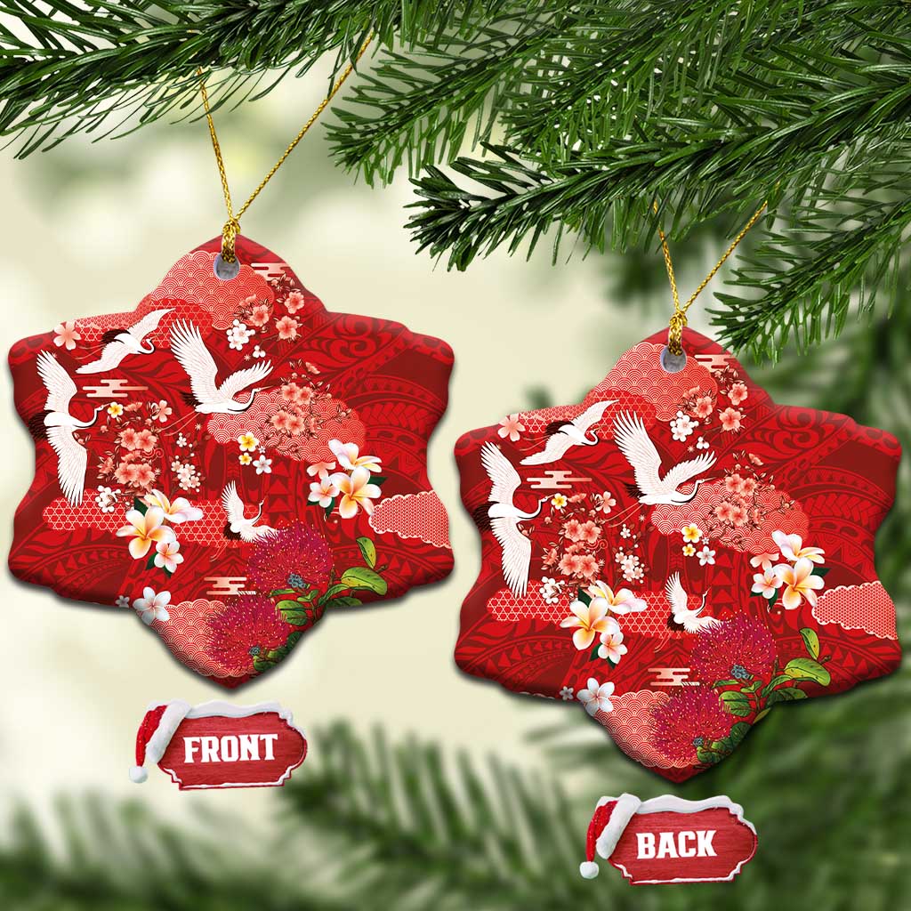 Hawaiian and Japanese Culture Together Ceramic Ornament Red Ohia Lehua Plumeria and Sakura Blooming - Polynesian Pride