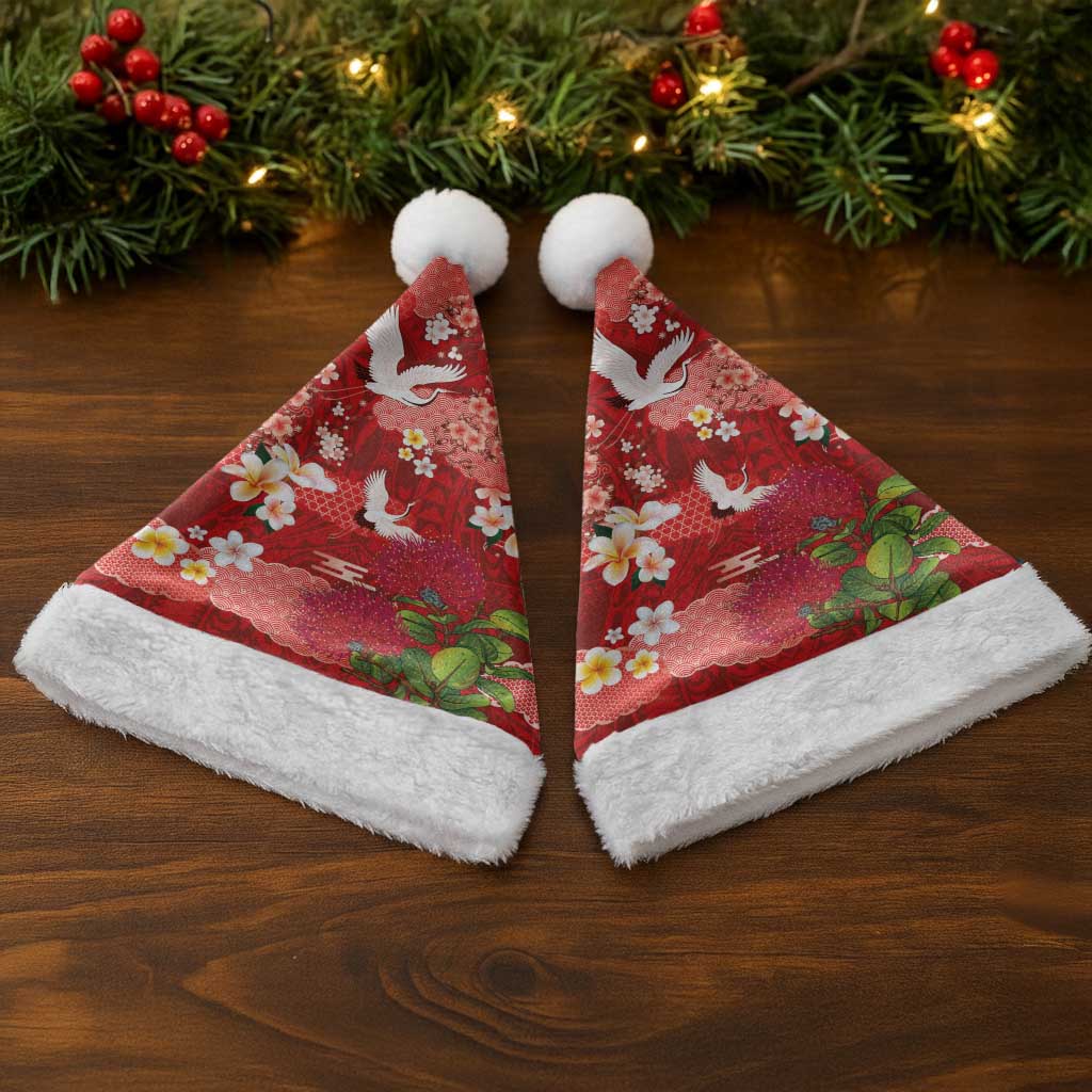 Hawaiian and Japanese Culture Together Christmas Santa Hat Red Ohia Lehua Plumeria and Sakura Blooming LT03 - Polynesian Pride