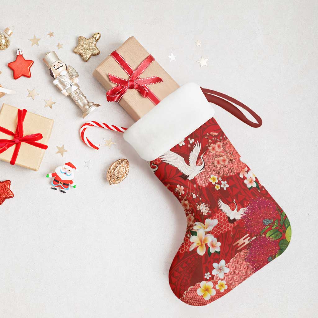 Hawaiian and Japanese Culture Together Christmas Stocking Red Ohia Lehua Plumeria and Sakura Blooming LT03 - Polynesian Pride