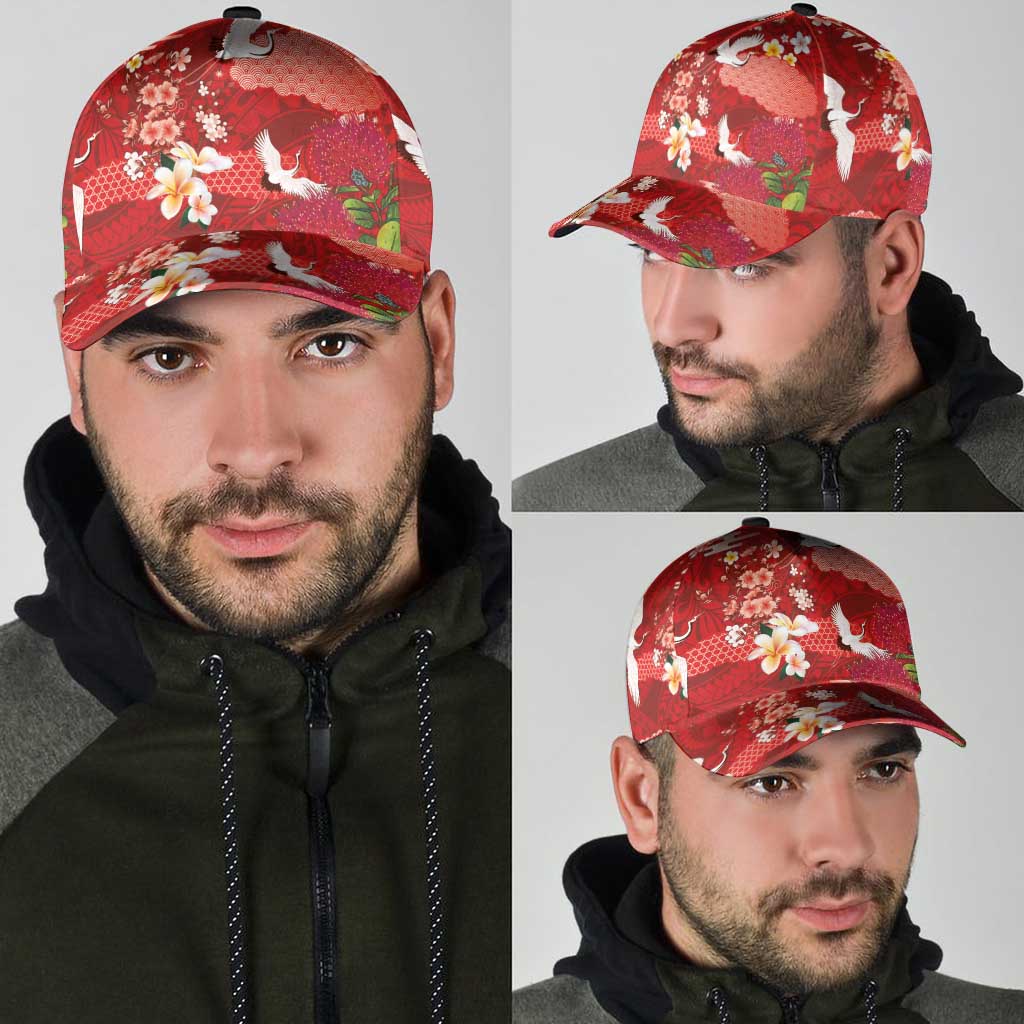 Hawaiian and Japanese Culture Together Classic Cap Red Ohia Lehua Plumeria and Sakura Blooming - Polynesian Pride