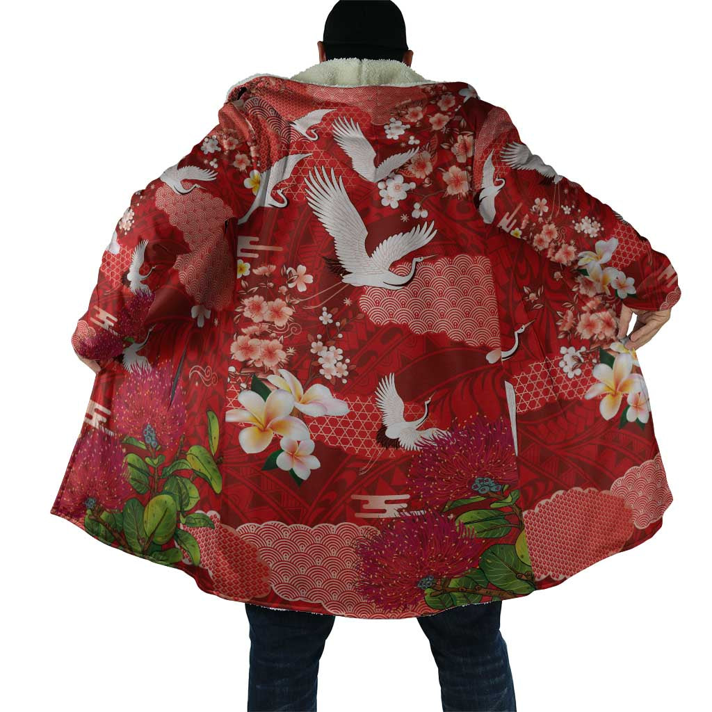 Hawaiian and Japanese Culture Together Cloak Red Ohia Lehua Plumeria and Sakura Blooming - Polynesian Pride