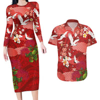 Hawaiian and Japanese Culture Together Couples Matching Long Sleeve Bodycon Dress and Hawaiian Shirt Red Ohia Lehua Plumeria and Sakura Blooming LT03 Red - Polynesian Pride