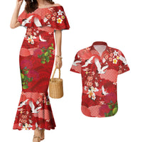 Hawaiian and Japanese Culture Together Couples Matching Mermaid Dress and Hawaiian Shirt Red Ohia Lehua Plumeria and Sakura Blooming LT03 Red - Polynesian Pride