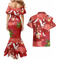 Hawaiian and Japanese Culture Together Couples Matching Mermaid Dress and Hawaiian Shirt Red Ohia Lehua Plumeria and Sakura Blooming LT03 - Polynesian Pride
